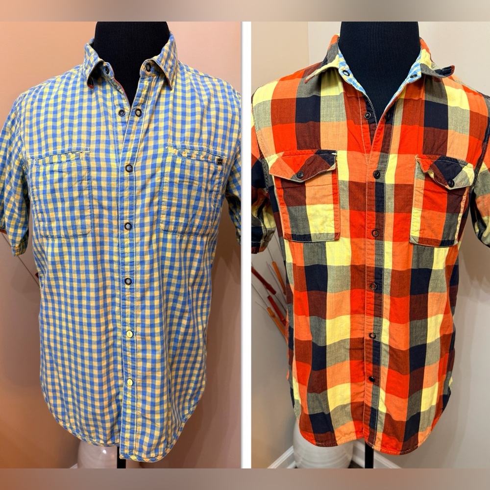 Billabong Reversible Shirt Mens Sz L Slim Fit Pocket Plaid Snap Embroidered Logo